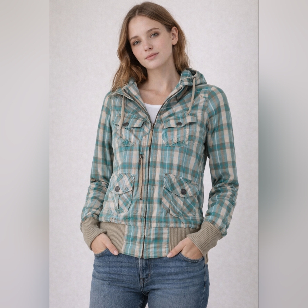 Y2K• DC • Skatergirl Vintage Dope Turquoise PLAID Lined Woman's JACKET • SIZE XS